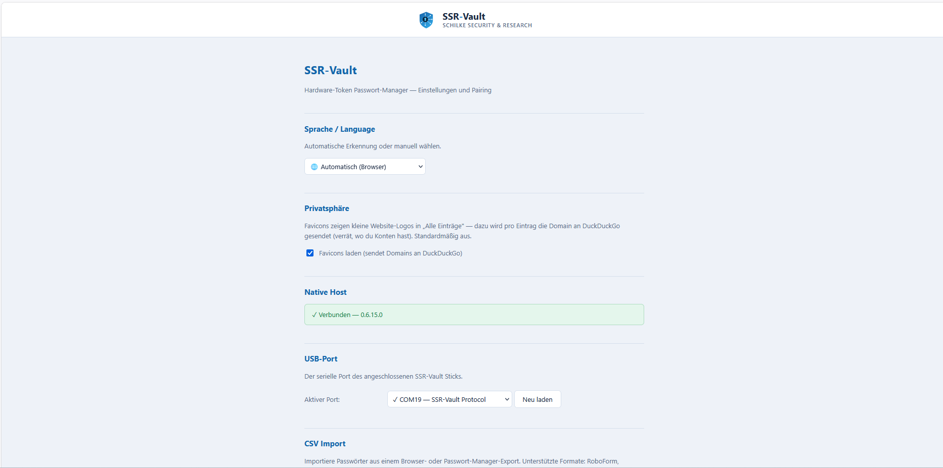 SSR-Vault Einstellungsseite: Sprache, Privatsphäre, Native Host, USB-Port, CSV-Import
