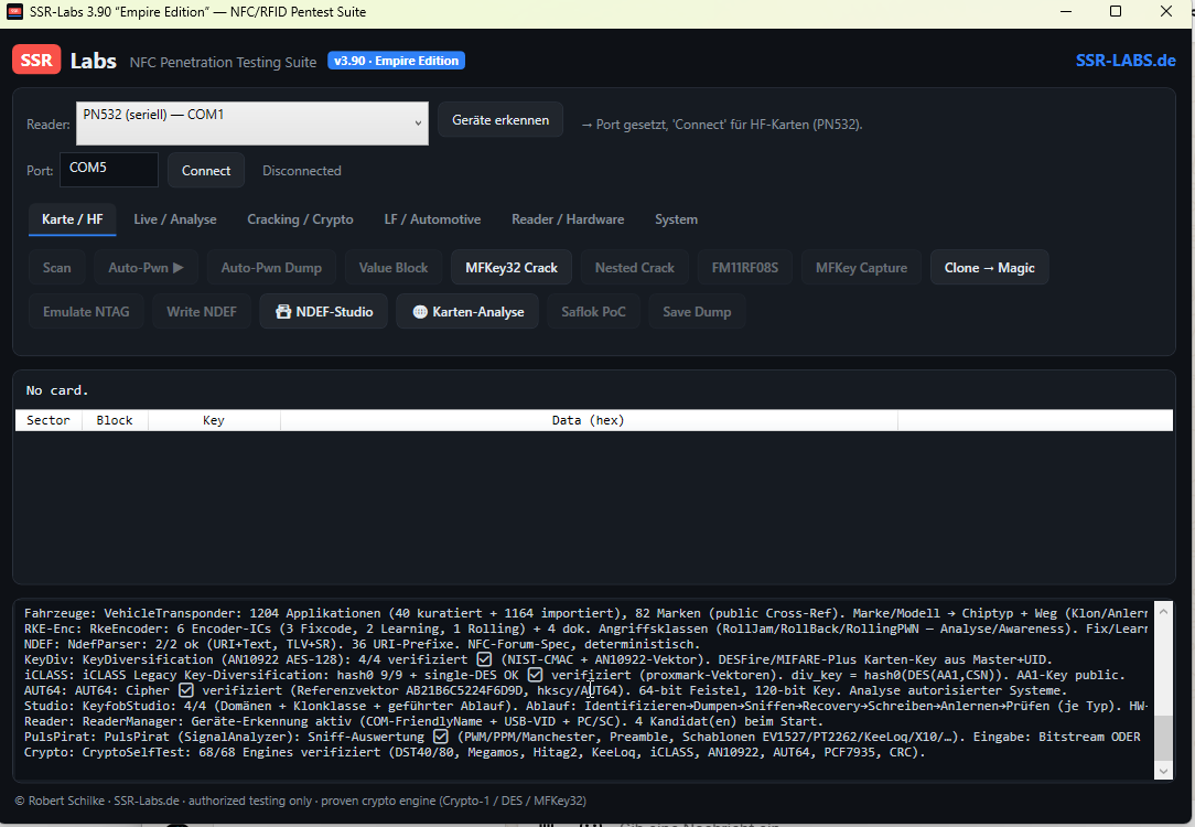 SSR-Labs main window with 68/68 self-test log