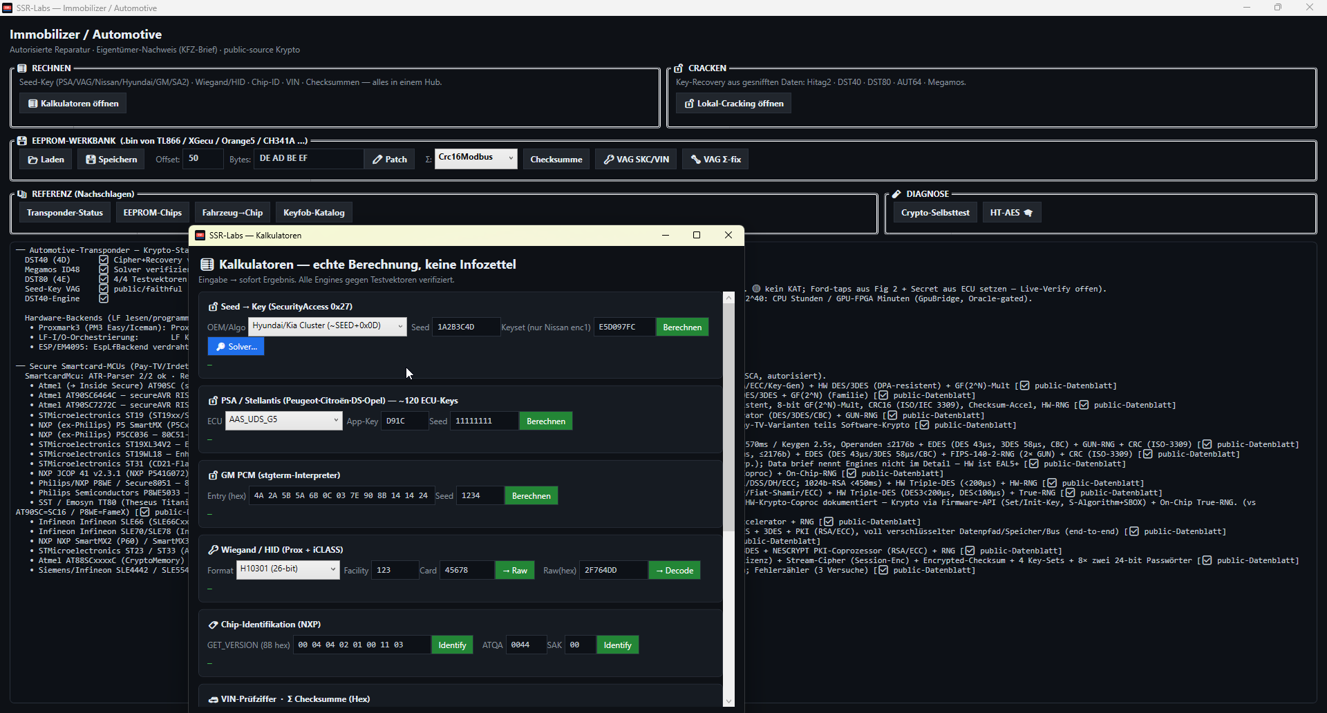 Immobiliser/automotive window with seed-key calculators