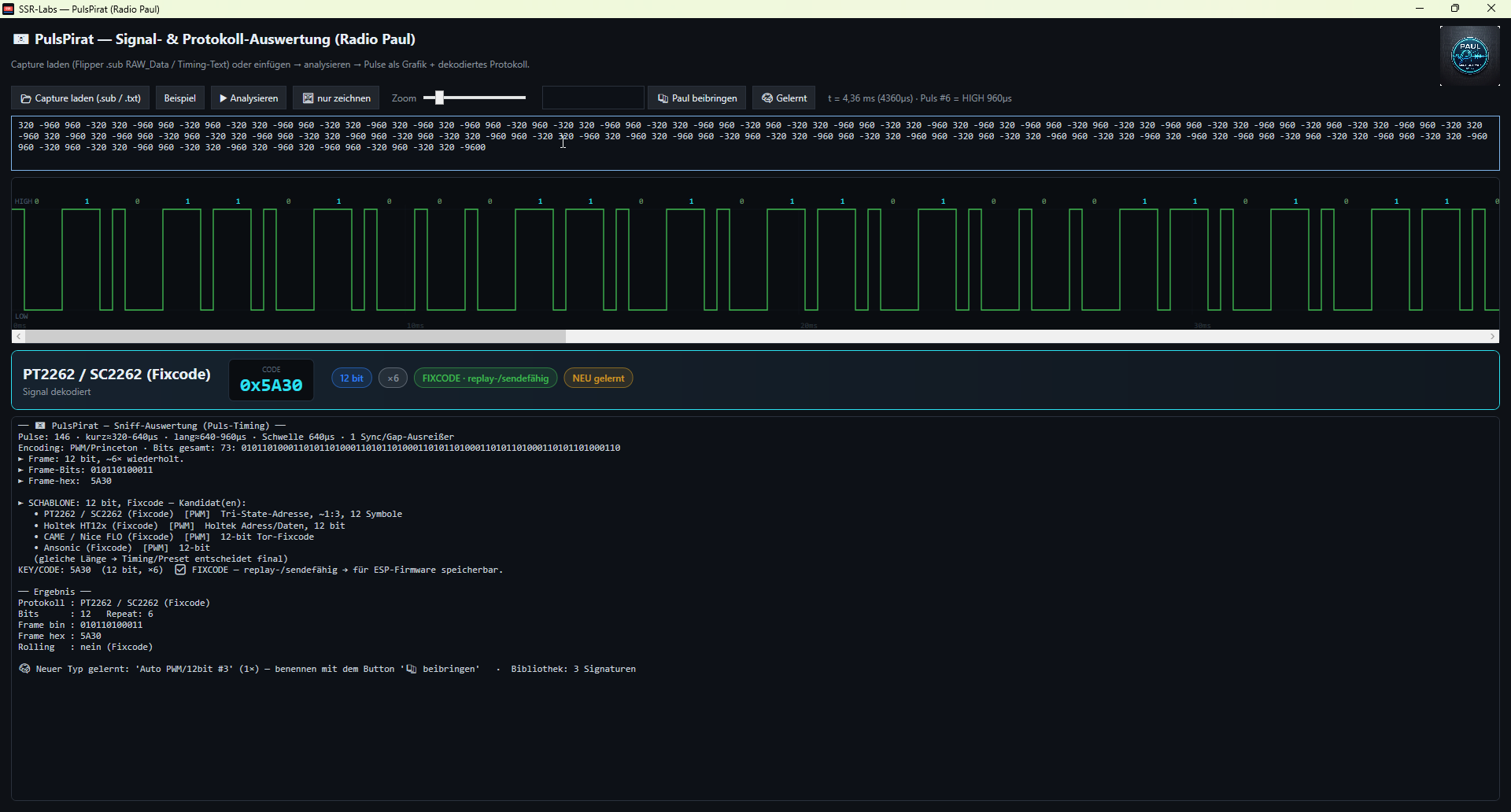 PulsPirat signal analysis with PT2262 waveform