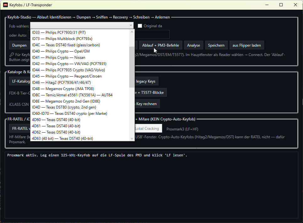 Keyfob catalog dropdown with transponder IDs