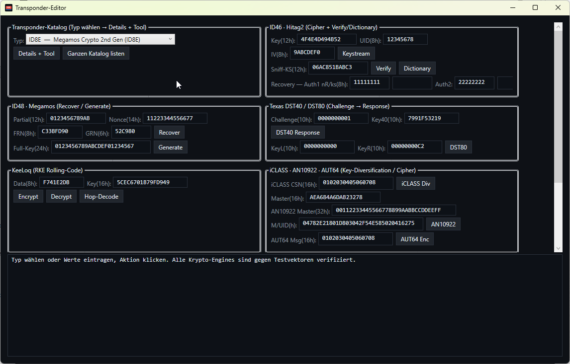 Transponder editor with Hitag2, Megamos, DST, KeeLoq, iCLASS/AUT64